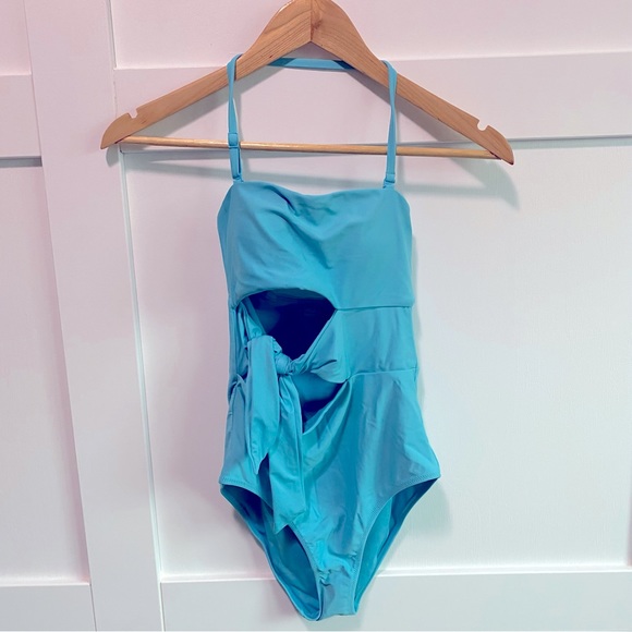 Blue Strapless One-piece bathing suit with cut outs and tie - Picture 1 of 2